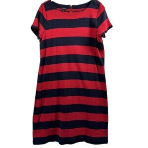 Talbots Women's Dress Size Medium Blue Red Stripe Cap Sleeve‎ 100% Cotton Zipper